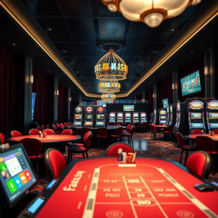 Interior view of a modern Norwegian casino with gaming tables and slot machines