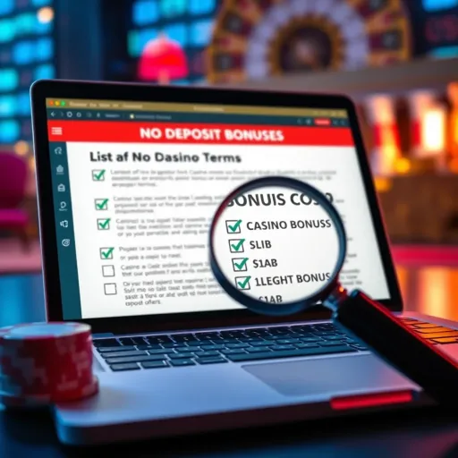 Graphic showing a checklist and magnifying glass over a laptop screen displaying casino bonus terms