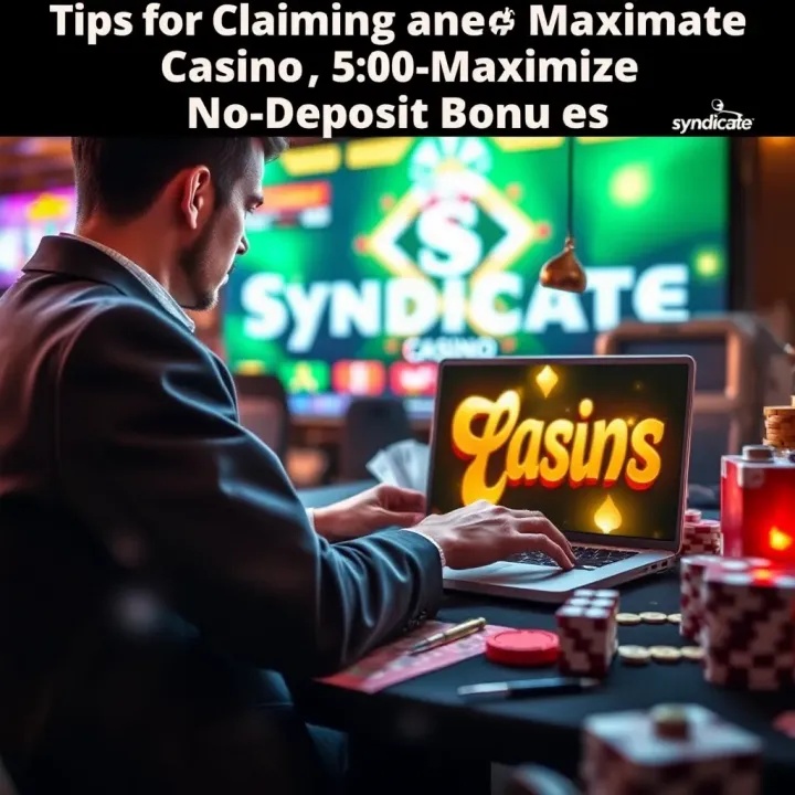 Illustration of a player using a laptop with casino game icons around, highlighting tips for claiming and maximizing no deposit bonuses