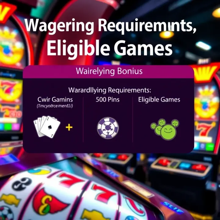 Graphic depicting slot machine symbols with wagering requirements and eligible games icons